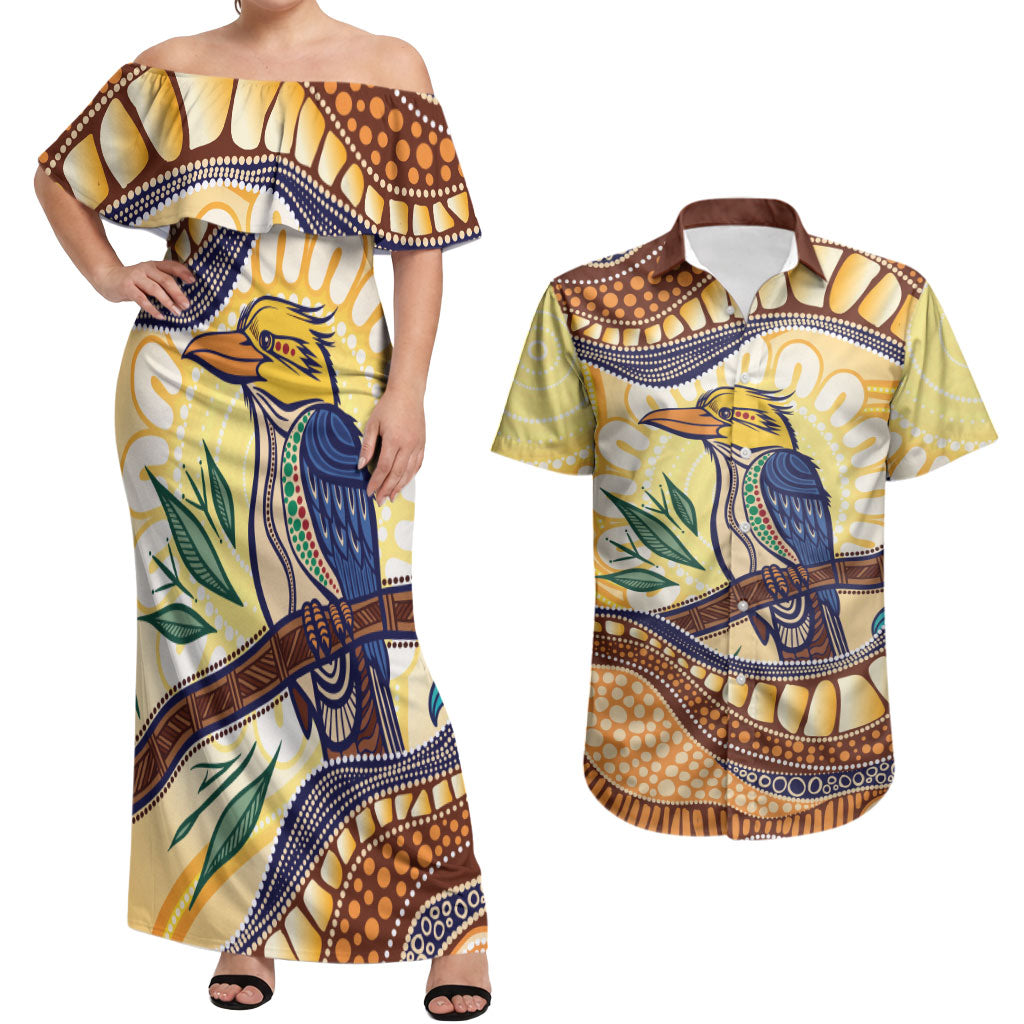 Kookaburra Australia Indigenous Art Couples Matching Off Shoulder Maxi Dress and Hawaiian Shirt