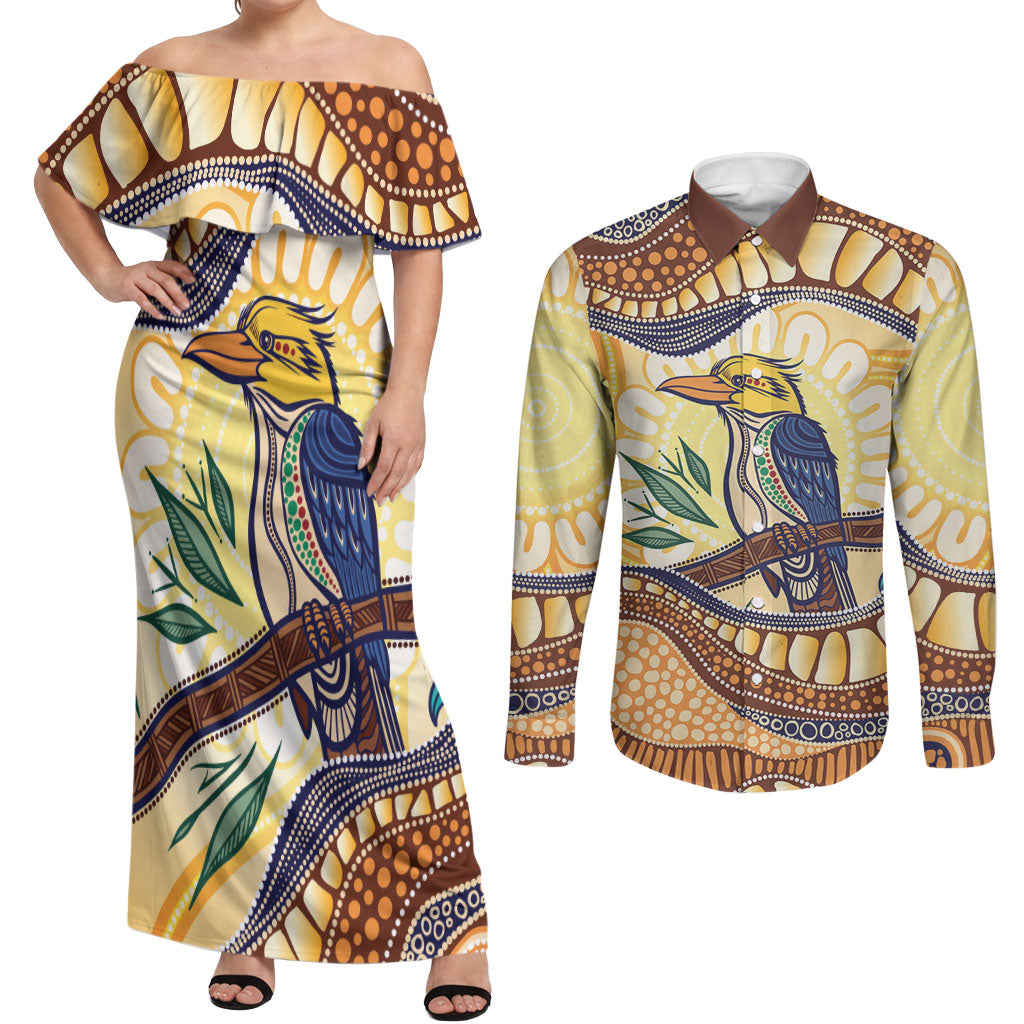 Kookaburra Australia Indigenous Art Couples Matching Off Shoulder Maxi Dress and Long Sleeve Button Shirt