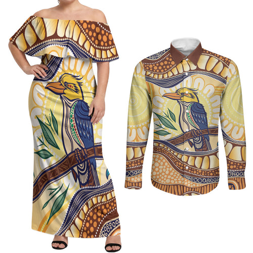 Kookaburra Australia Indigenous Art Couples Matching Off Shoulder Maxi Dress and Long Sleeve Button Shirt