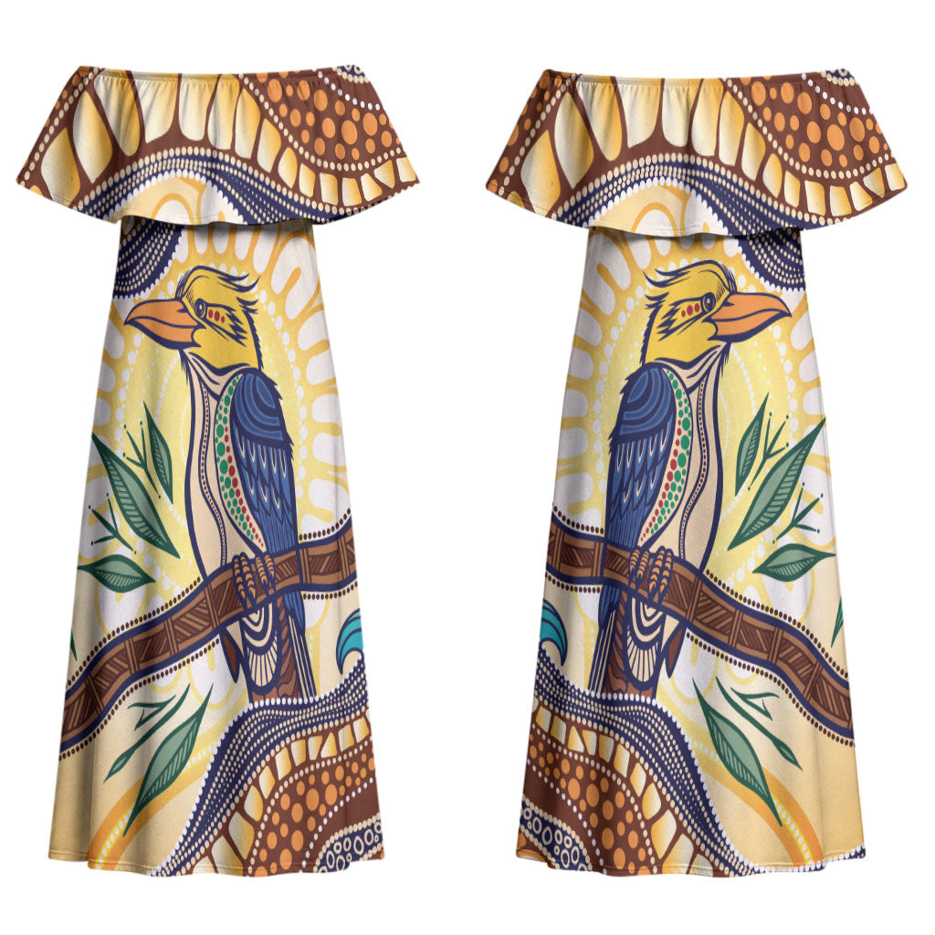 Kookaburra Australia Indigenous Art Couples Matching Off Shoulder Maxi Dress and Long Sleeve Button Shirt