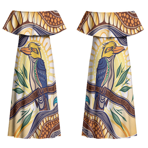 Kookaburra Australia Indigenous Art Couples Matching Off Shoulder Maxi Dress and Long Sleeve Button Shirt