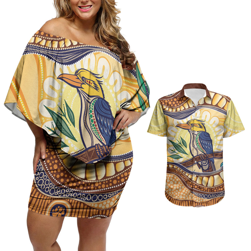 Kookaburra Australia Indigenous Art Couples Matching Off Shoulder Short Dress and Hawaiian Shirt