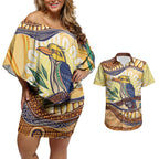 Kookaburra Australia Indigenous Art Couples Matching Off Shoulder Short Dress and Hawaiian Shirt