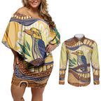 Kookaburra Australia Indigenous Art Couples Matching Off Shoulder Short Dress and Long Sleeve Button Shirt