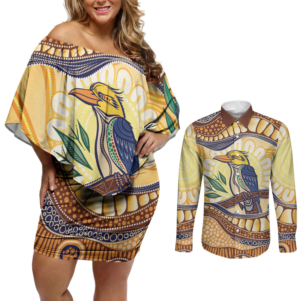 Kookaburra Australia Indigenous Art Couples Matching Off Shoulder Short Dress and Long Sleeve Button Shirt