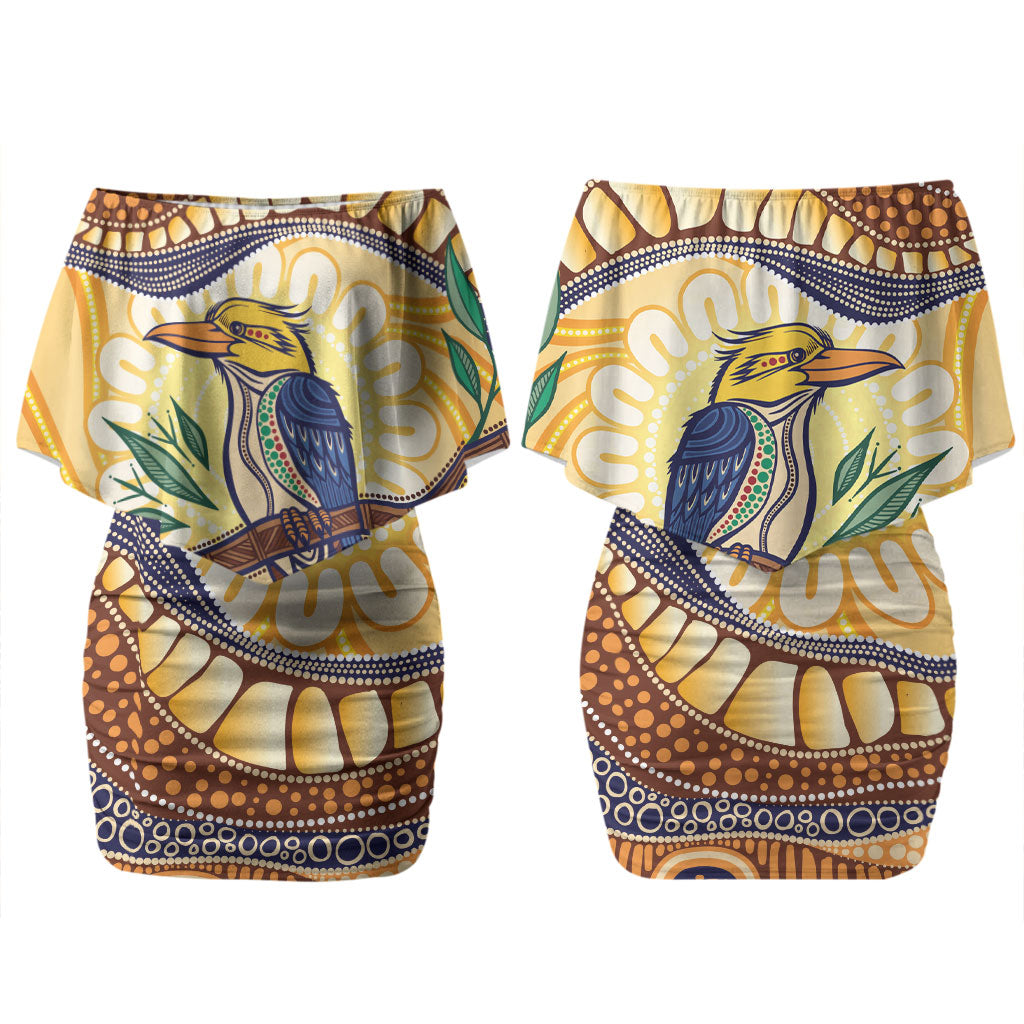 Kookaburra Australia Indigenous Art Couples Matching Off Shoulder Short Dress and Long Sleeve Button Shirt