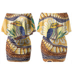 Kookaburra Australia Indigenous Art Couples Matching Off Shoulder Short Dress and Long Sleeve Button Shirt