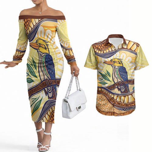 Kookaburra Australia Indigenous Art Couples Matching Off The Shoulder Long Sleeve Dress and Hawaiian Shirt