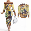 Kookaburra Australia Indigenous Art Couples Matching Off The Shoulder Long Sleeve Dress and Long Sleeve Button Shirt