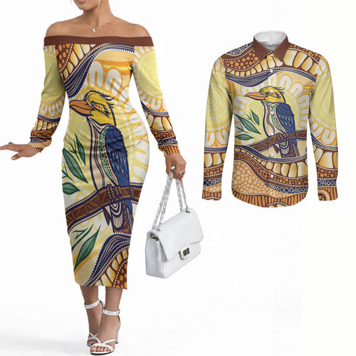 Kookaburra Australia Indigenous Art Couples Matching Off The Shoulder Long Sleeve Dress and Long Sleeve Button Shirt