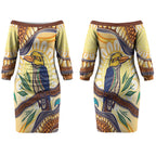 Kookaburra Australia Indigenous Art Couples Matching Off The Shoulder Long Sleeve Dress and Long Sleeve Button Shirt
