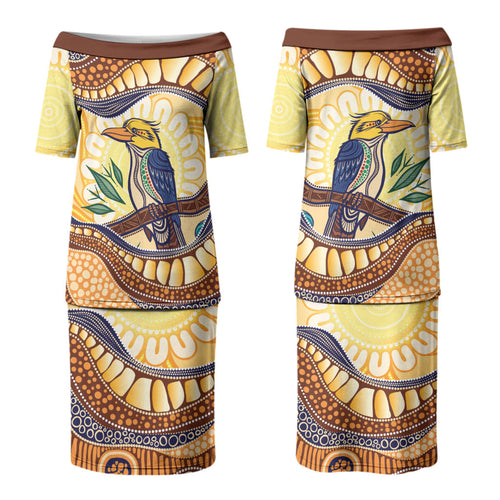 Kookaburra Australia Indigenous Art Couples Matching Puletasi and Long Sleeve Button Shirt