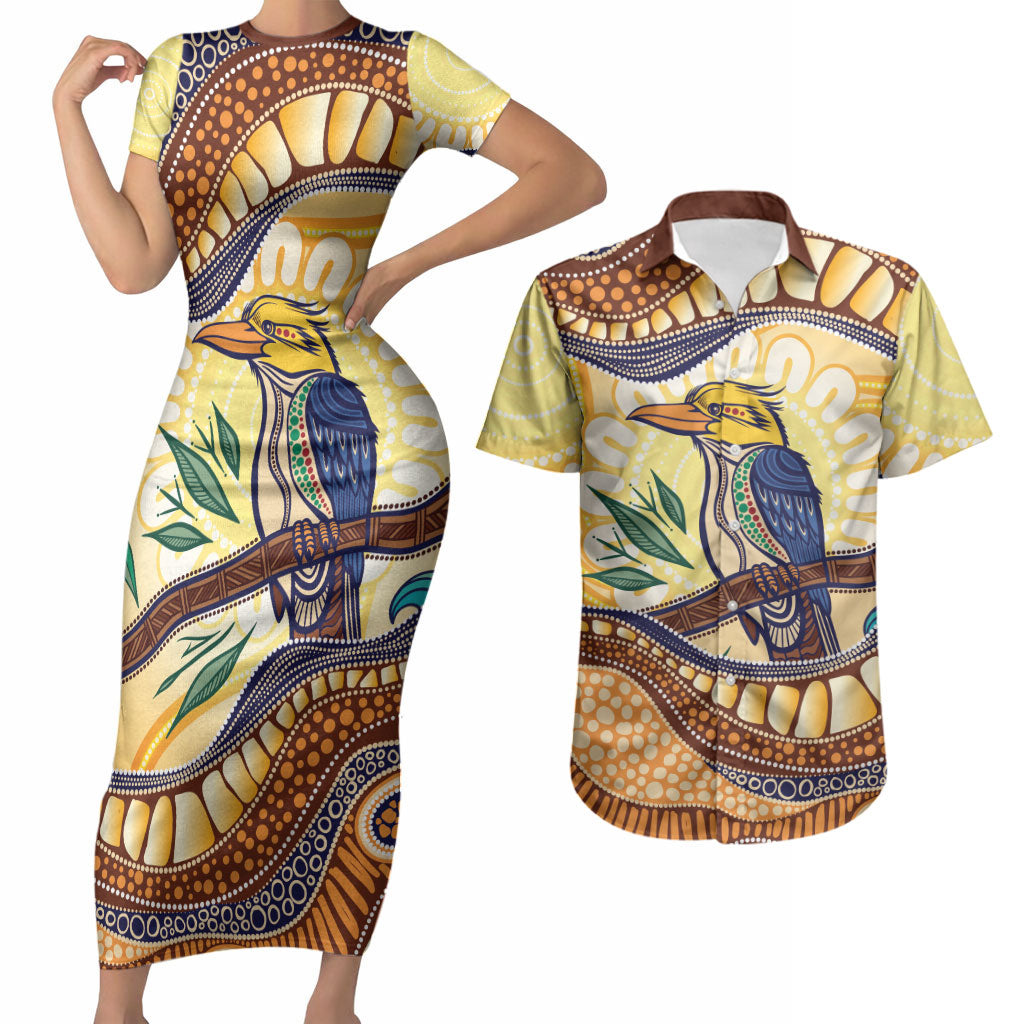 Kookaburra Australia Indigenous Art Couples Matching Short Sleeve Bodycon Dress and Hawaiian Shirt