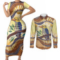 Kookaburra Australia Indigenous Art Couples Matching Short Sleeve Bodycon Dress and Long Sleeve Button Shirt