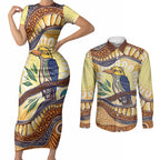 Kookaburra Australia Indigenous Art Couples Matching Short Sleeve Bodycon Dress and Long Sleeve Button Shirt
