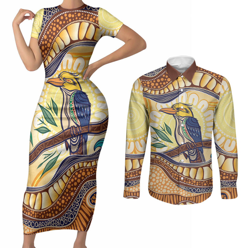 Kookaburra Australia Indigenous Art Couples Matching Short Sleeve Bodycon Dress and Long Sleeve Button Shirt