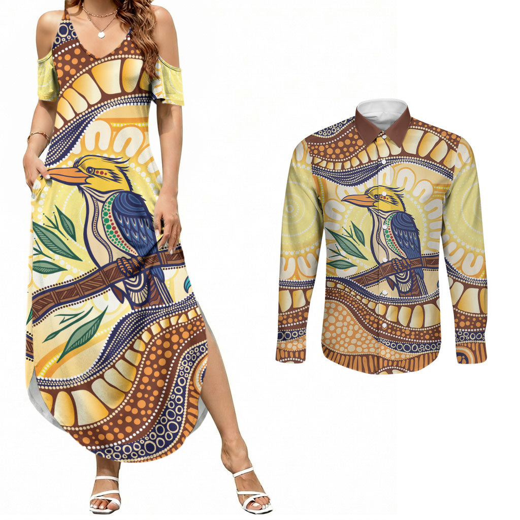 Kookaburra Australia Indigenous Art Couples Matching Summer Maxi Dress and Long Sleeve Button Shirt