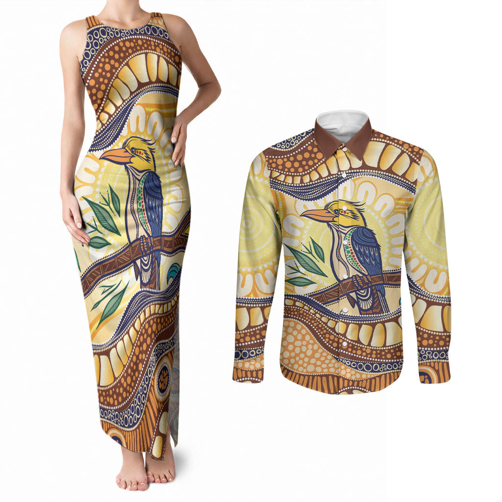 Kookaburra Australia Indigenous Art Couples Matching Tank Maxi Dress and Long Sleeve Button Shirt