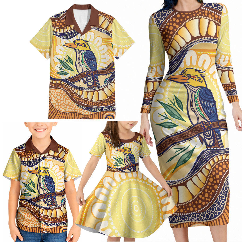Kookaburra Australia Indigenous Art Family Matching Long Sleeve Bodycon Dress and Hawaiian Shirt