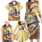 Kookaburra Australia Indigenous Art Family Matching Long Sleeve Bodycon Dress and Hawaiian Shirt