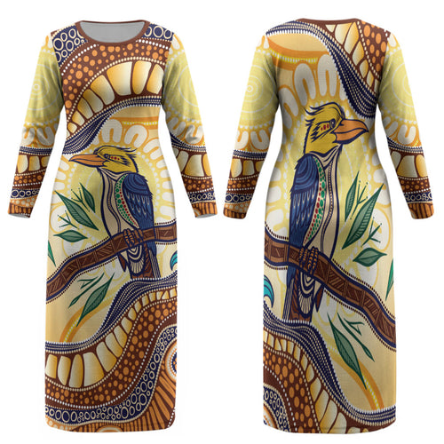 Kookaburra Australia Indigenous Art Family Matching Long Sleeve Bodycon Dress and Hawaiian Shirt