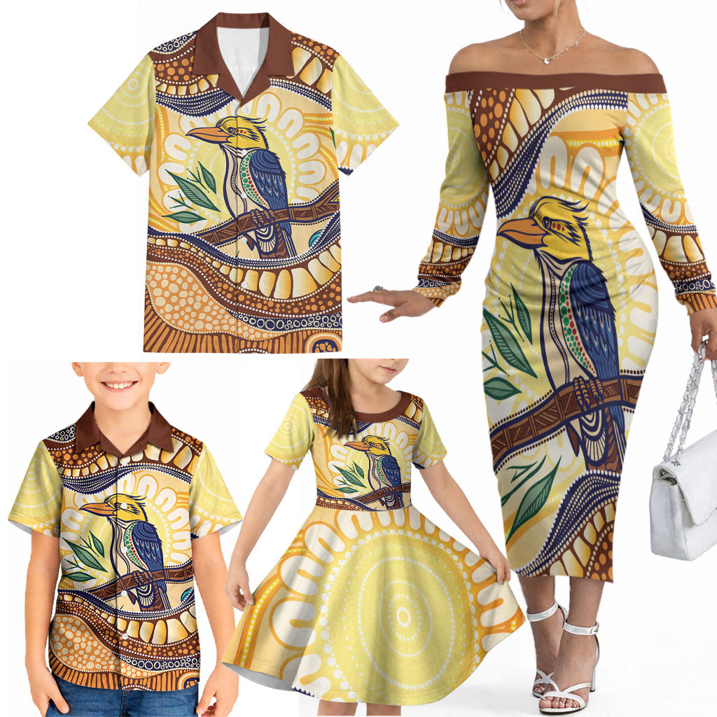 Kookaburra Australia Indigenous Art Family Matching Off The Shoulder Long Sleeve Dress and Hawaiian Shirt