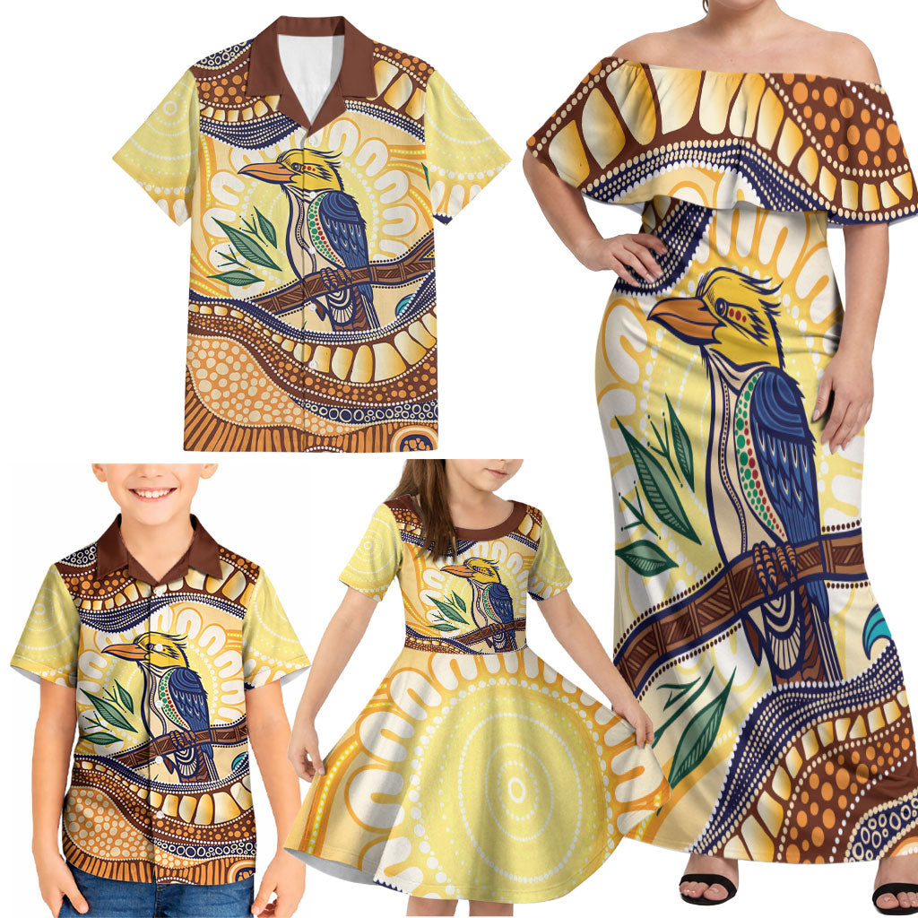 Kookaburra Australia Indigenous Art Family Matching Off Shoulder Maxi Dress and Hawaiian Shirt