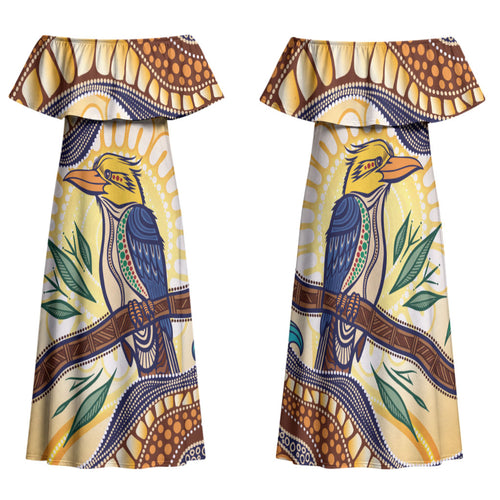 Kookaburra Australia Indigenous Art Family Matching Off Shoulder Maxi Dress and Hawaiian Shirt