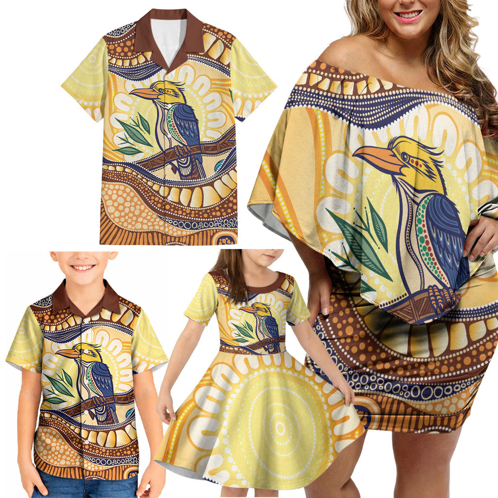 Kookaburra Australia Indigenous Art Family Matching Off Shoulder Short Dress and Hawaiian Shirt