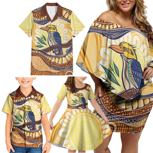 Kookaburra Australia Indigenous Art Family Matching Off Shoulder Short Dress and Hawaiian Shirt