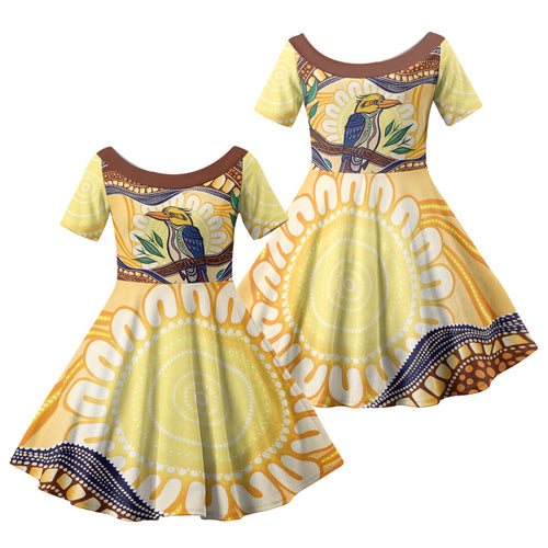 Kookaburra Australia Indigenous Art Family Matching Off Shoulder Short Dress and Hawaiian Shirt