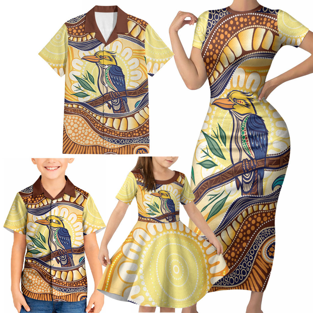Kookaburra Australia Indigenous Art Family Matching Short Sleeve Bodycon Dress and Hawaiian Shirt