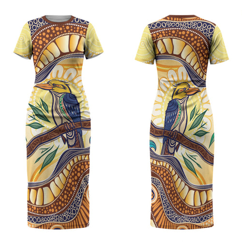 Kookaburra Australia Indigenous Art Family Matching Short Sleeve Bodycon Dress and Hawaiian Shirt