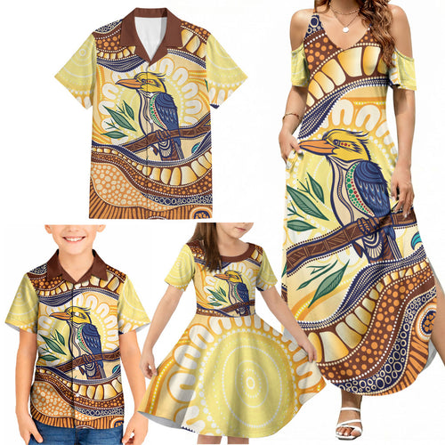 Kookaburra Australia Indigenous Art Family Matching Summer Maxi Dress and Hawaiian Shirt