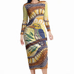 Kookaburra Australia Indigenous Art Long Sleeve Bodycon Dress