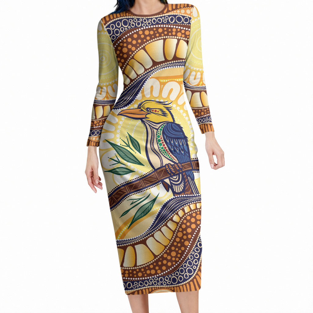 Kookaburra Australia Indigenous Art Long Sleeve Bodycon Dress