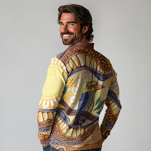Kookaburra Australia Indigenous Art Long Sleeve Polo Shirt