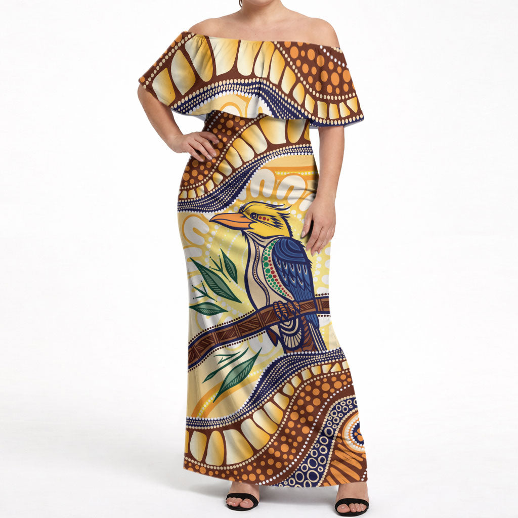 Kookaburra Australia Indigenous Art Off Shoulder Maxi Dress