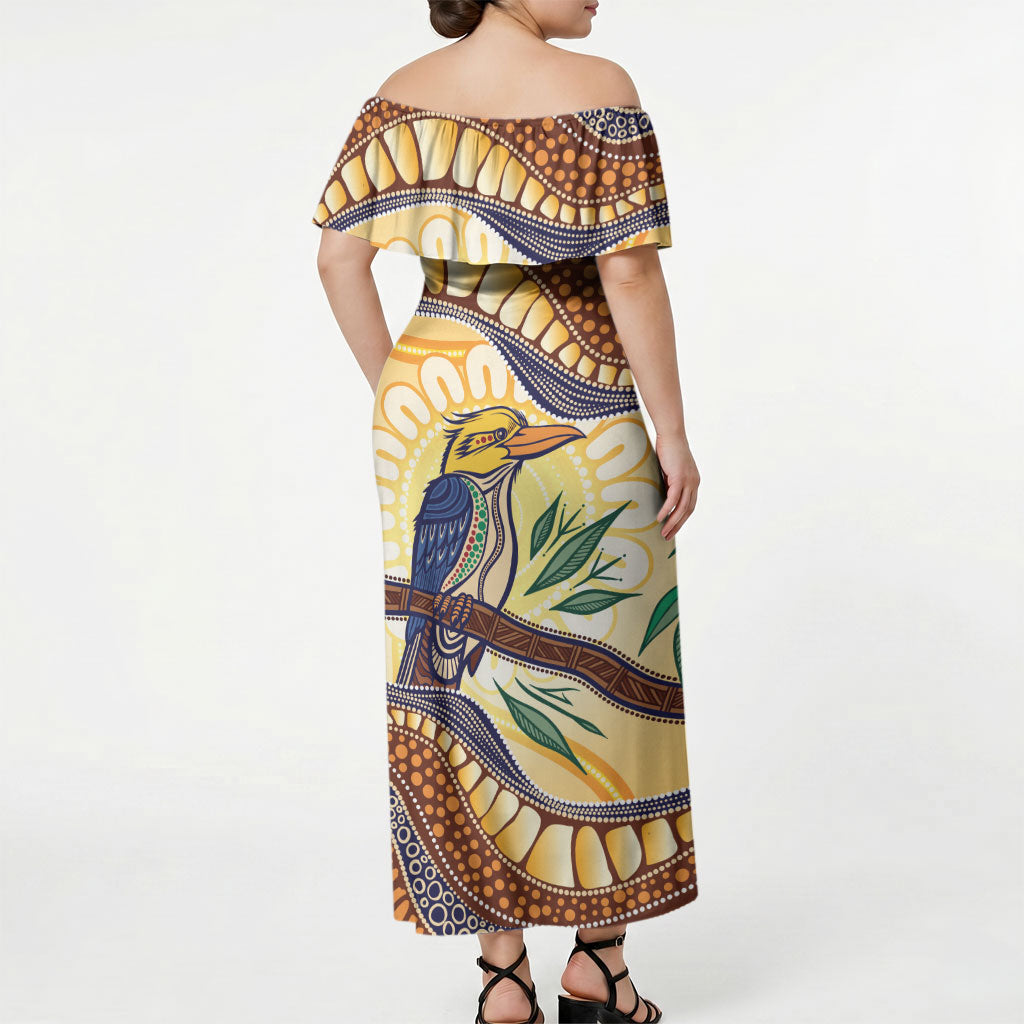 Kookaburra Australia Indigenous Art Off Shoulder Maxi Dress
