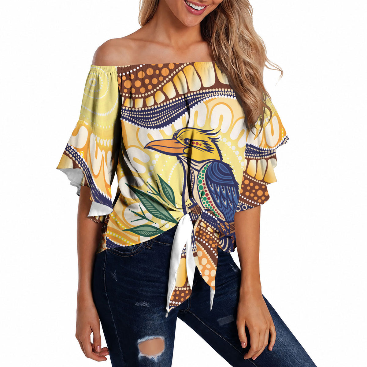 Kookaburra Australia Indigenous Art Off Shoulder Wrap Waist Top