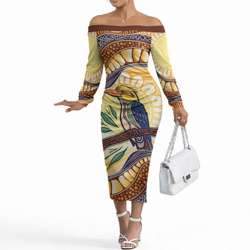 Kookaburra Australia Indigenous Art Off The Shoulder Long Sleeve Dress