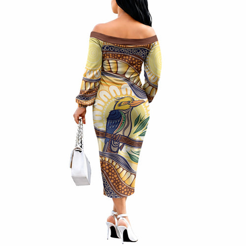 Kookaburra Australia Indigenous Art Off The Shoulder Long Sleeve Dress