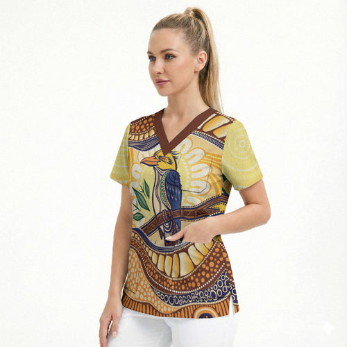 Kookaburra Australia Indigenous Art Scrub Top