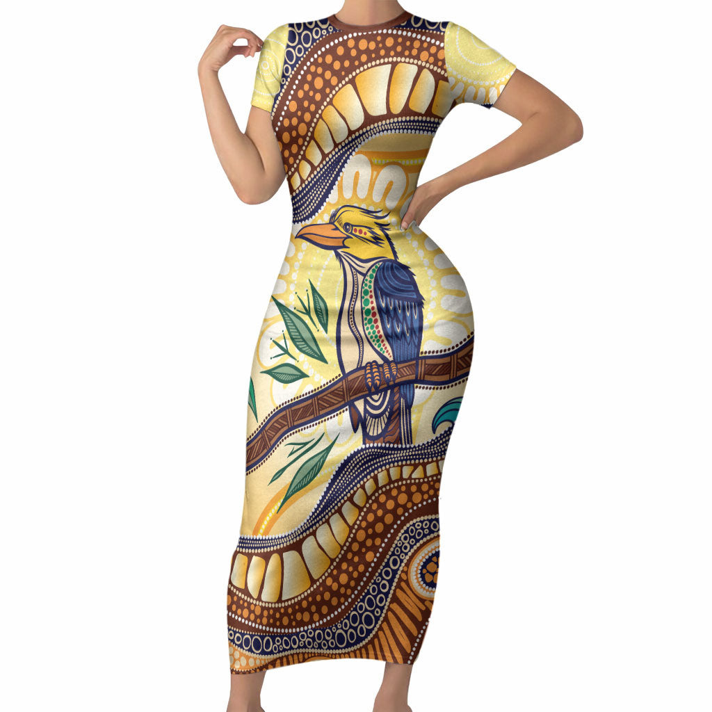Kookaburra Australia Indigenous Art Short Sleeve Bodycon Dress