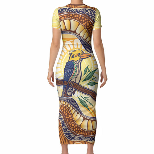 Kookaburra Australia Indigenous Art Short Sleeve Bodycon Dress