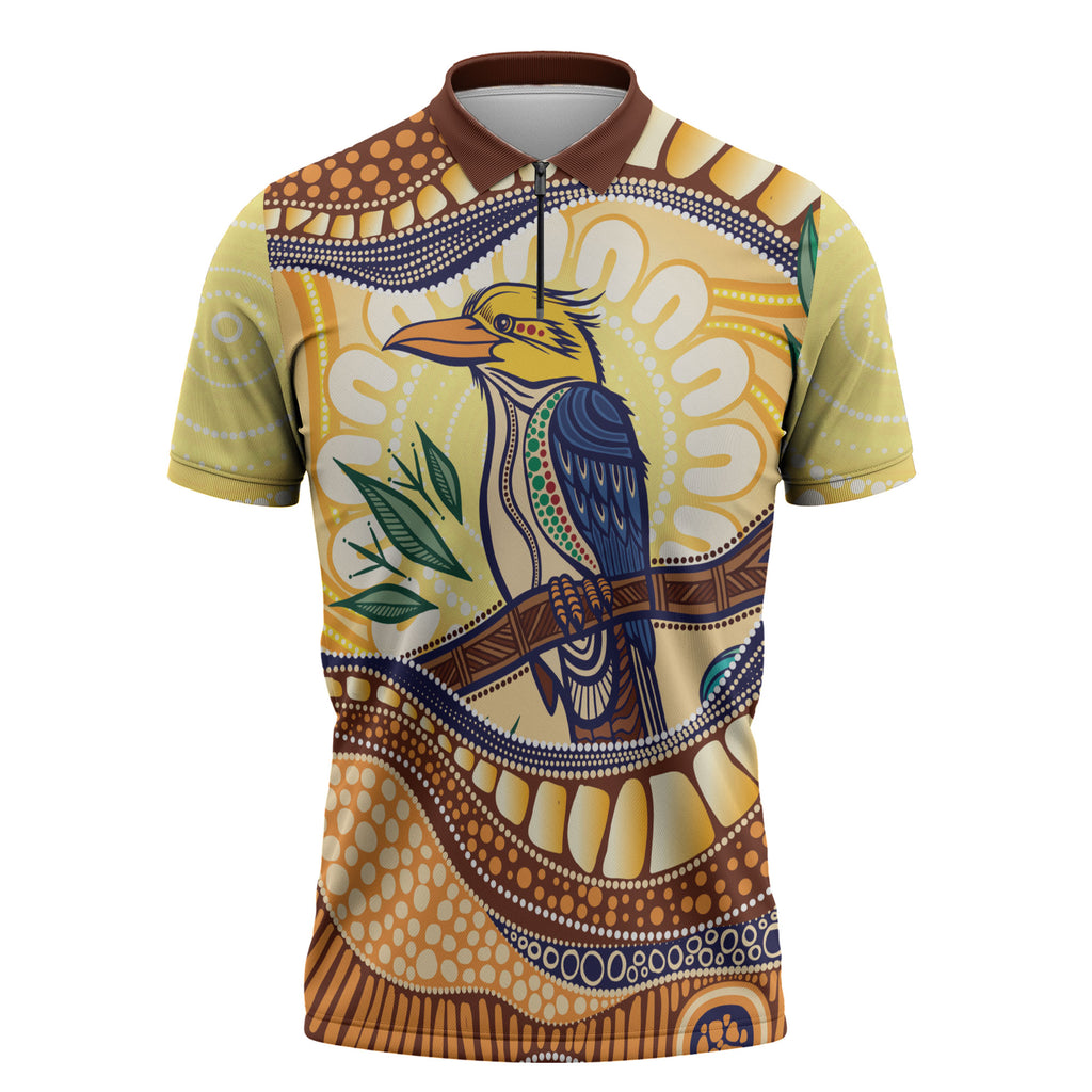 Kookaburra Australia Indigenous Art Zipper Polo Shirt