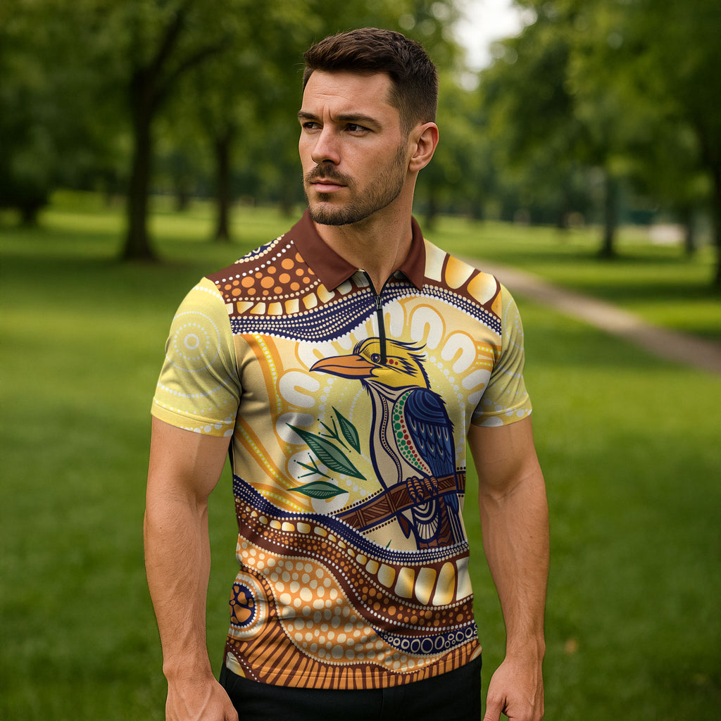 Kookaburra Australia Indigenous Art Zipper Polo Shirt