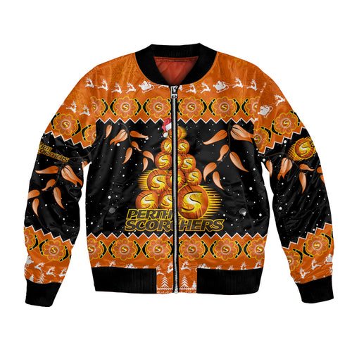 perth-scorchers-cricket-christmas-bomber-jacket-merry-xmas-2023-indigenous-art