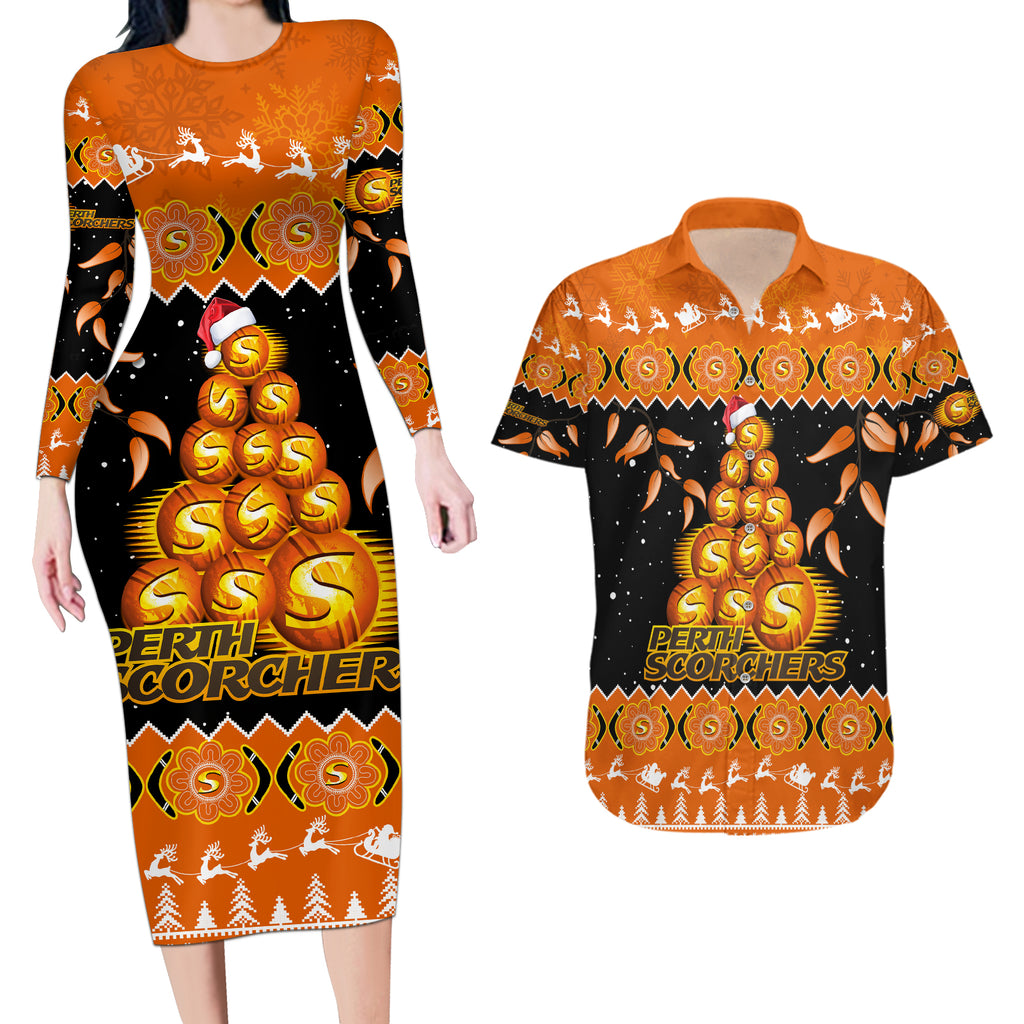 perth-scorchers-cricket-christmas-couples-matching-long-sleeve-bodycon-dress-and-hawaiian-shirt-merry-xmas-2023-indigenous-art