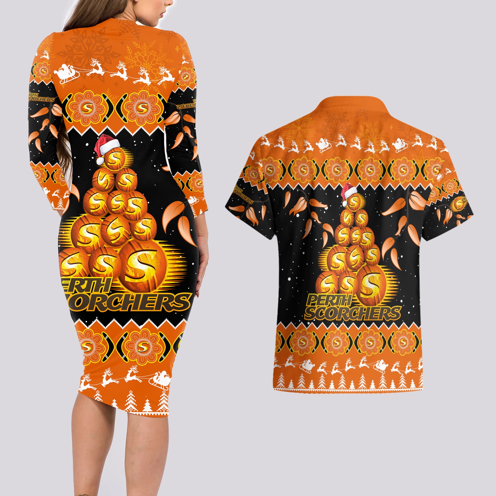 perth-scorchers-cricket-christmas-couples-matching-long-sleeve-bodycon-dress-and-hawaiian-shirt-merry-xmas-2023-indigenous-art